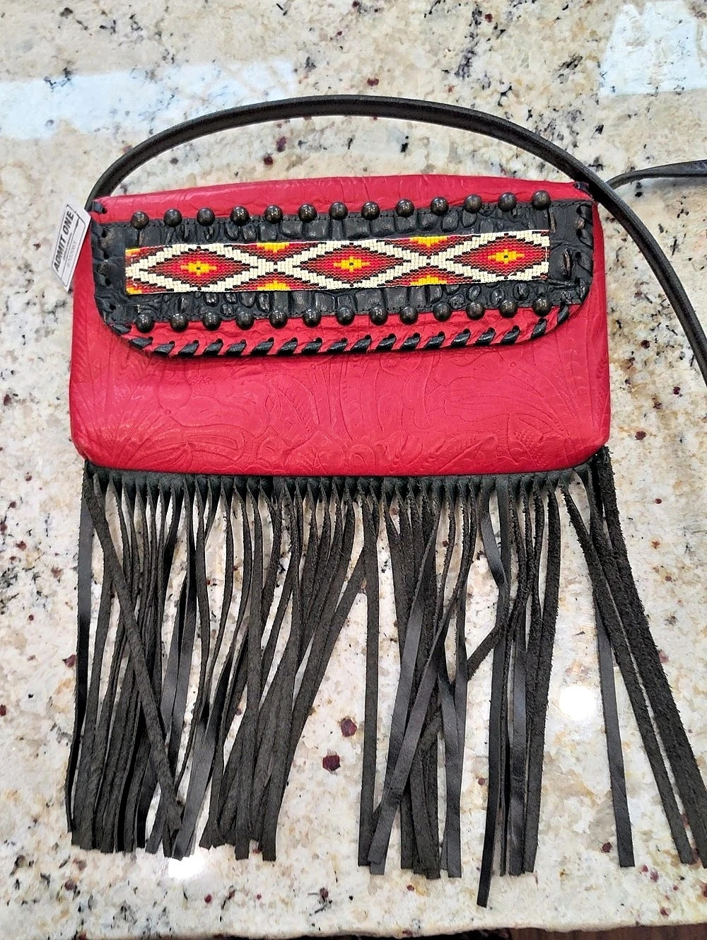 Kurtmen Embroidered Fringe Crossbody in Red & Black Like New